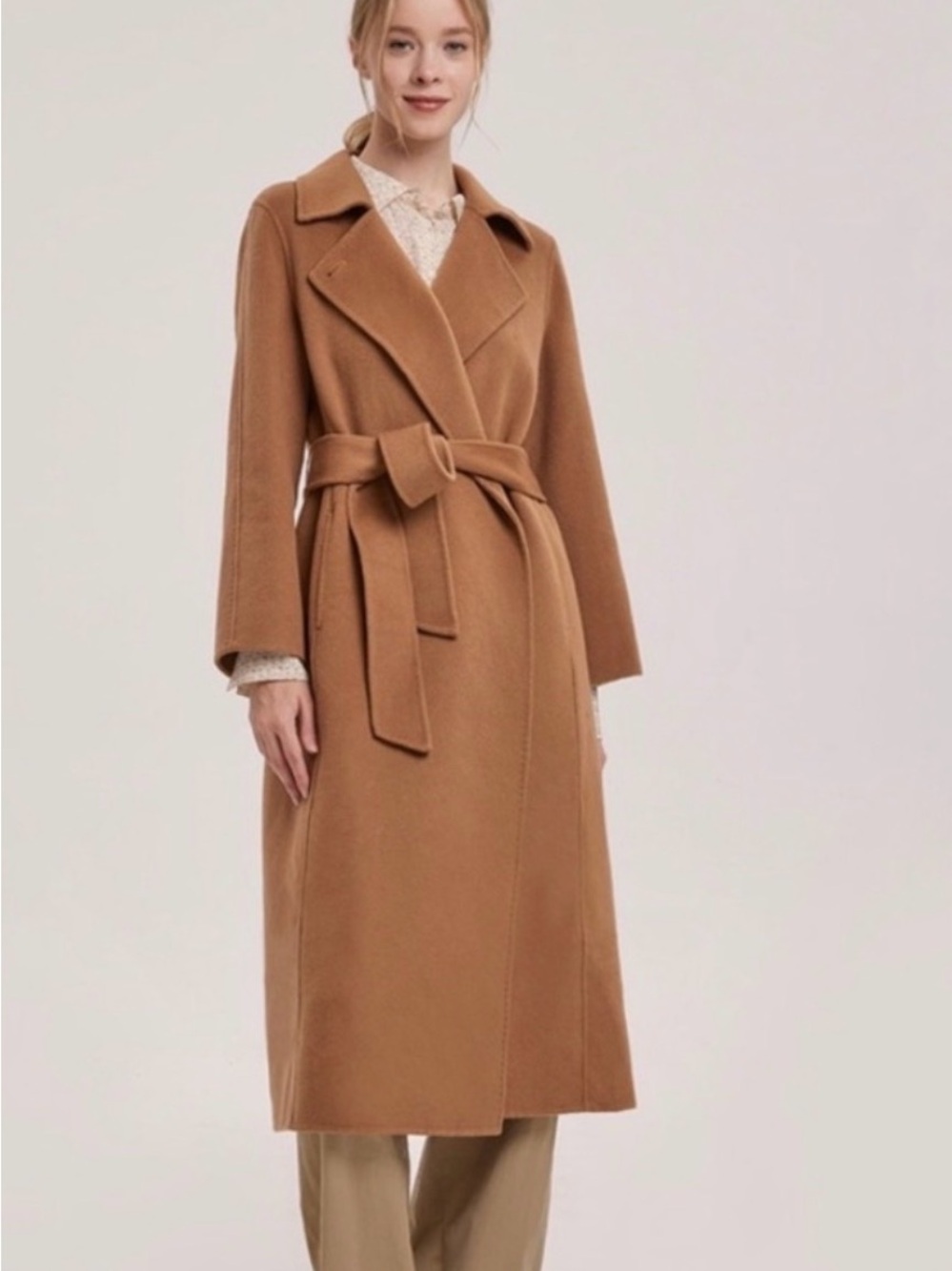 Nap Loungewear Alexa Peaked Lapel Merino Wool Long Belted Wrap Coat Camel Size S